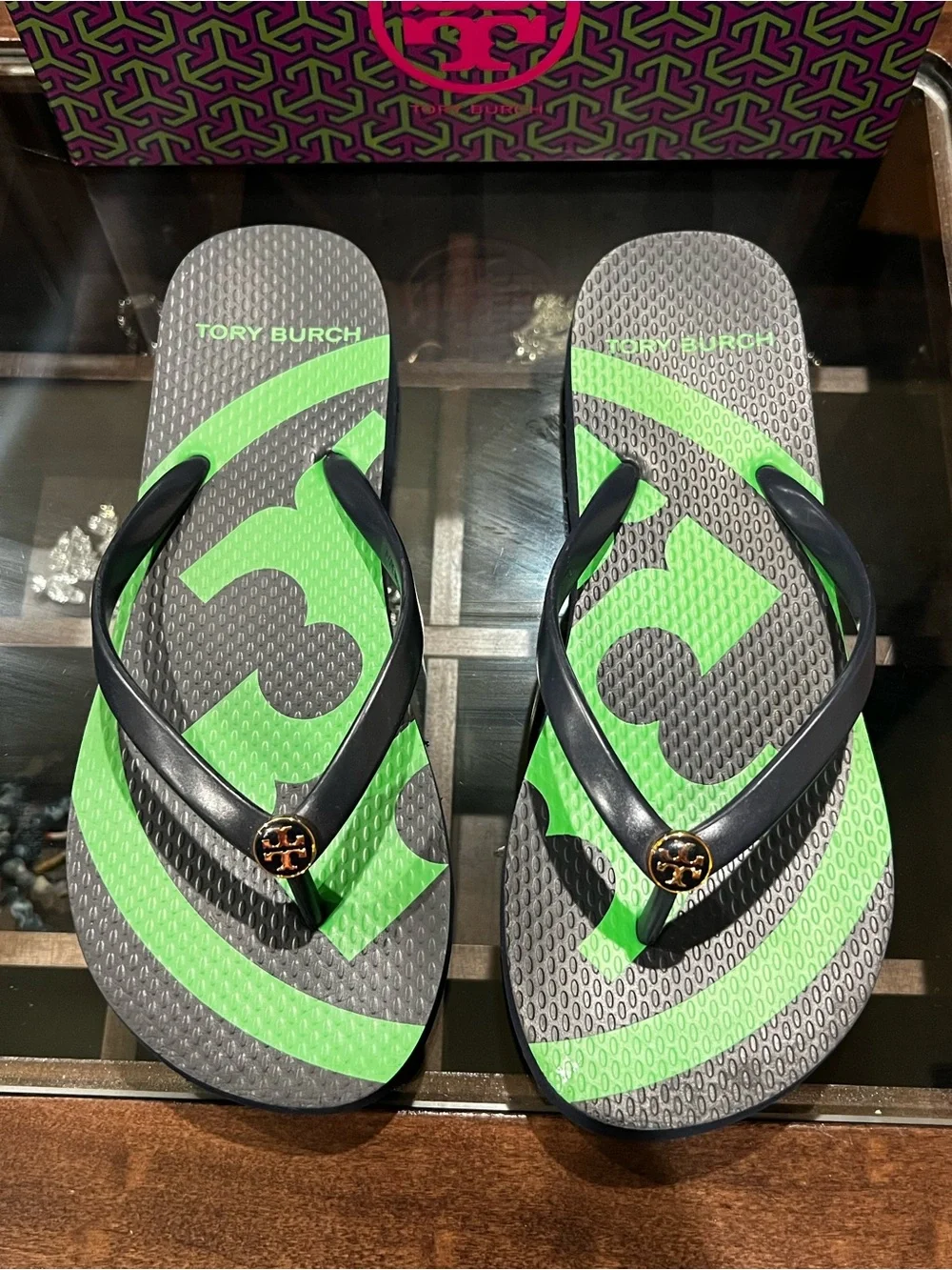Tory Burch Green and Navy Logo Flip Flops